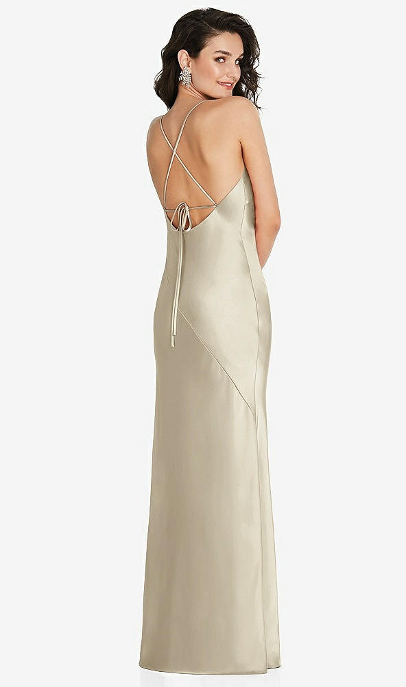 Back View - Champagne V-Neck Convertible Strap Bias Slip Dress with Front Slit