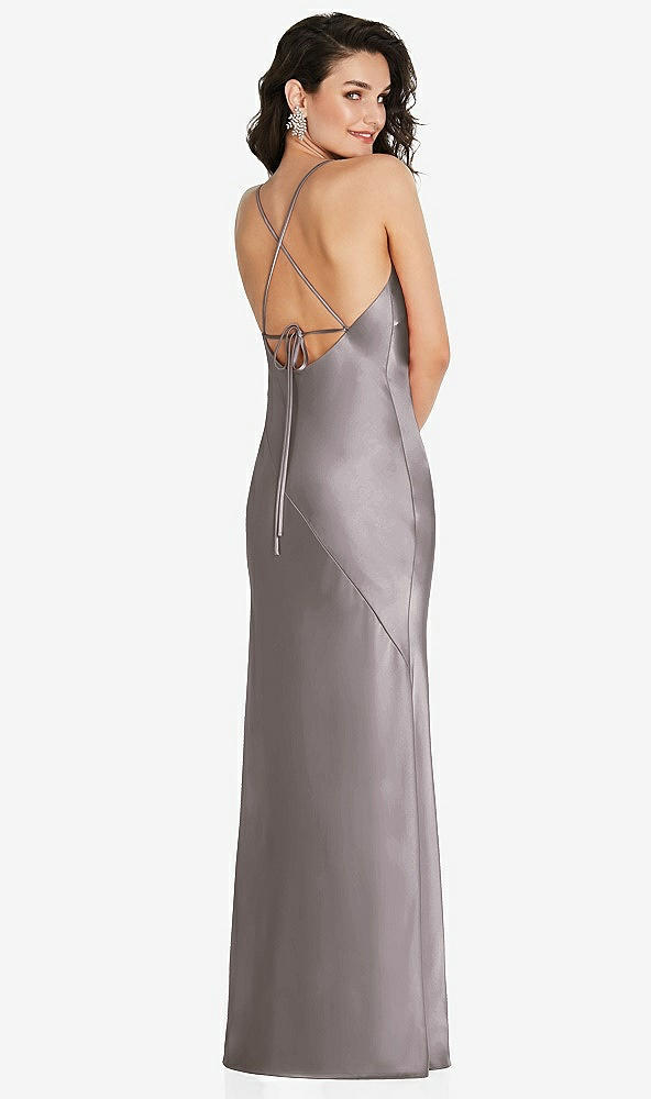 Back View - Cashmere Gray V-Neck Convertible Strap Bias Slip Dress with Front Slit