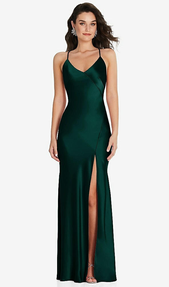 Front View - Evergreen V-Neck Convertible Strap Bias Slip Dress with Front Slit
