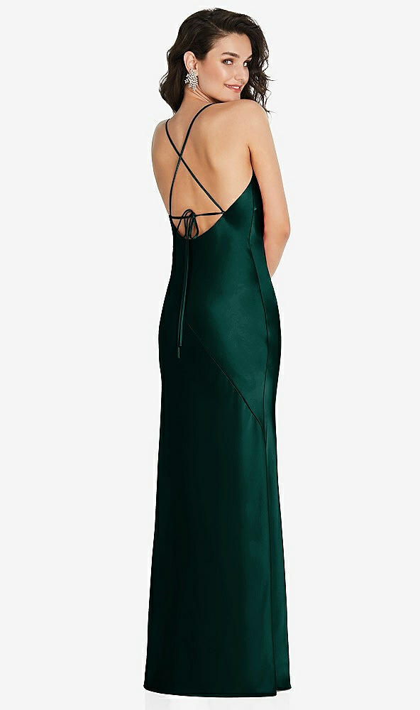 Back View - Evergreen V-Neck Convertible Strap Bias Slip Dress with Front Slit