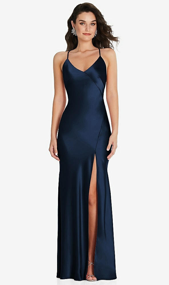 Front View - Midnight Navy V-Neck Convertible Strap Bias Slip Dress with Front Slit