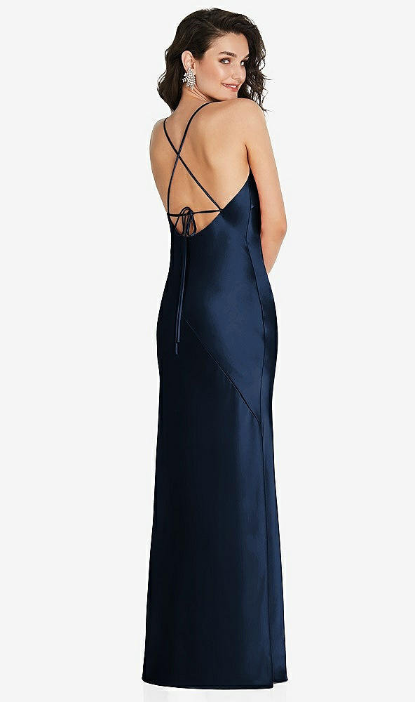 Back View - Midnight Navy V-Neck Convertible Strap Bias Slip Dress with Front Slit