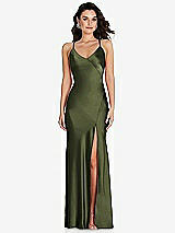 Front View Thumbnail - Olive Green V-Neck Convertible Strap Bias Slip Dress with Front Slit