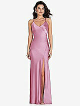 Front View Thumbnail - Powder Pink V-Neck Convertible Strap Bias Slip Dress with Front Slit