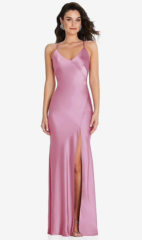 Front View - Powder Pink V-Neck Convertible Strap Bias Slip Dress with Front Slit