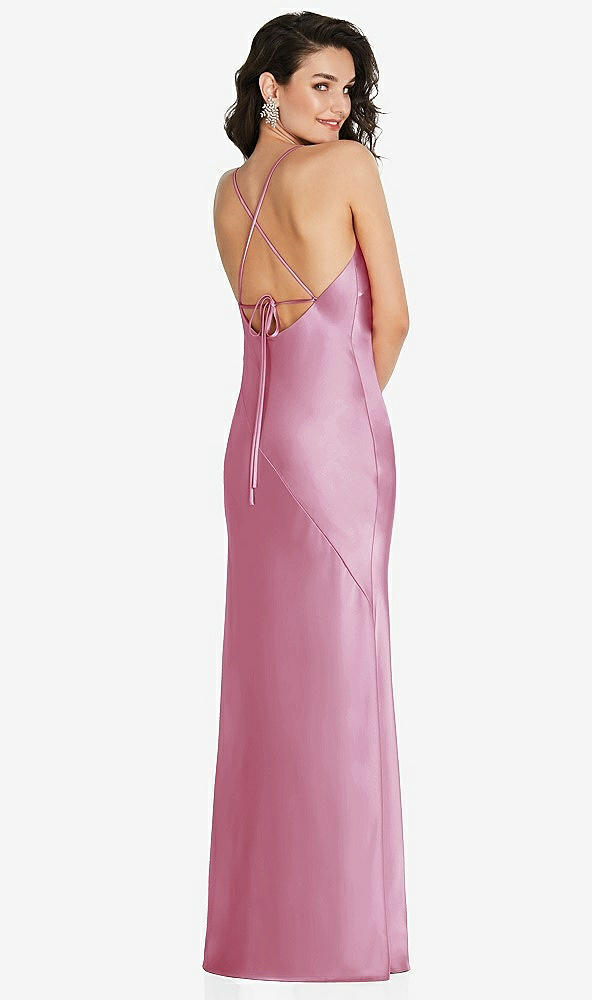 Back View - Powder Pink V-Neck Convertible Strap Bias Slip Dress with Front Slit
