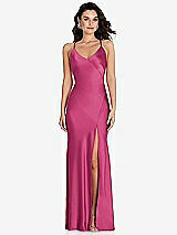 Front View Thumbnail - Tea Rose V-Neck Convertible Strap Bias Slip Dress with Front Slit