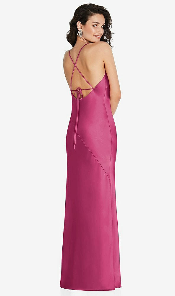 Back View - Tea Rose V-Neck Convertible Strap Bias Slip Dress with Front Slit