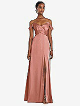 Alt View 1 Thumbnail - Desert Rose Off-the-Shoulder Flounce Sleeve Empire Waist Gown with Front Slit