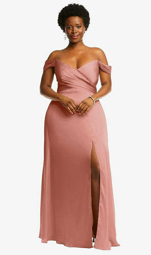 Front View - Desert Rose Off-the-Shoulder Flounce Sleeve Empire Waist Gown with Front Slit