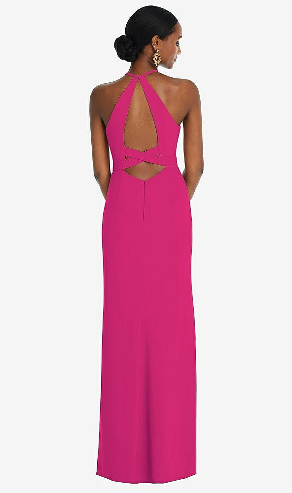Front View - Think Pink Halter Criss Cross Cutout Back Maxi Dress