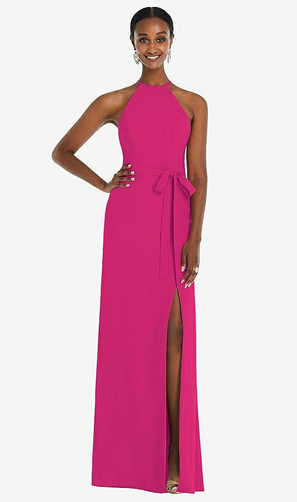 Back View - Think Pink Halter Criss Cross Cutout Back Maxi Dress