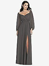Alt View 1 Thumbnail - Caviar Gray Off-the-Shoulder Puff Sleeve Maxi Dress with Front Slit