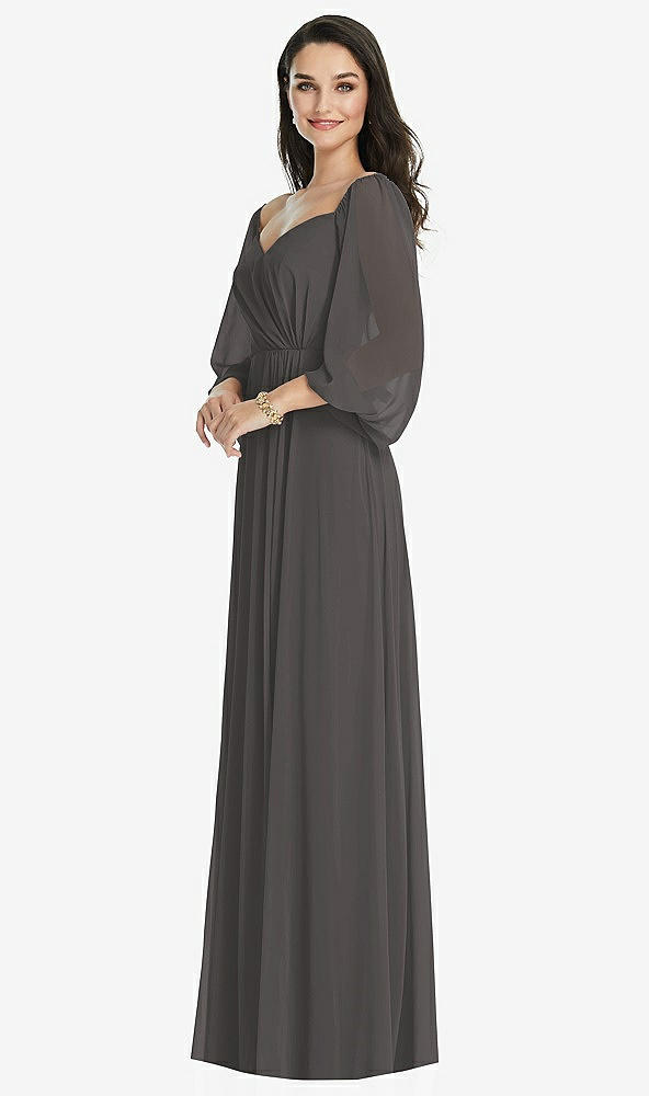 Front View - Caviar Gray Off-the-Shoulder Puff Sleeve Maxi Dress with Front Slit