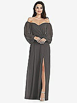 Side View Thumbnail - Caviar Gray Off-the-Shoulder Puff Sleeve Maxi Dress with Front Slit