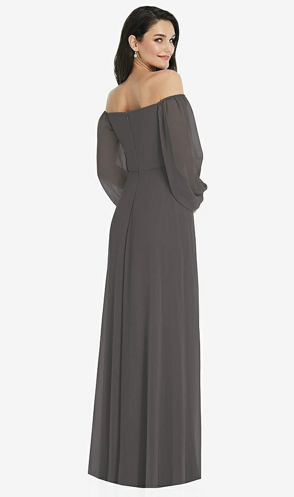 Back View - Caviar Gray Off-the-Shoulder Puff Sleeve Maxi Dress with Front Slit