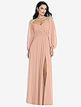 Alt View 1 Thumbnail - Pale Peach Off-the-Shoulder Puff Sleeve Maxi Dress with Front Slit