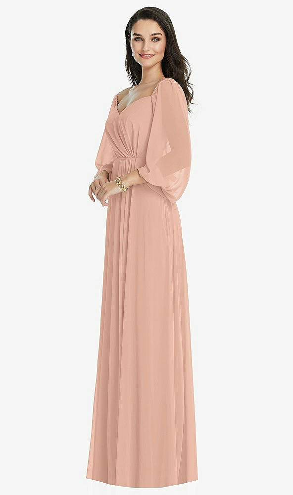 Front View - Pale Peach Off-the-Shoulder Puff Sleeve Maxi Dress with Front Slit