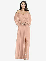 Side View Thumbnail - Pale Peach Off-the-Shoulder Puff Sleeve Maxi Dress with Front Slit