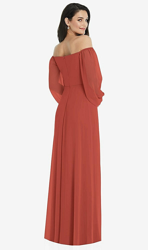 Back View - Amber Sunset Off-the-Shoulder Puff Sleeve Maxi Dress with Front Slit