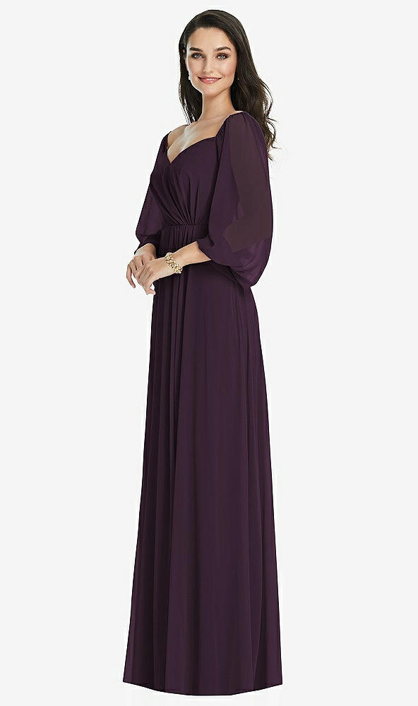 Front View - Aubergine Off-the-Shoulder Puff Sleeve Maxi Dress with Front Slit