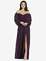 Side View Thumbnail - Aubergine Off-the-Shoulder Puff Sleeve Maxi Dress with Front Slit