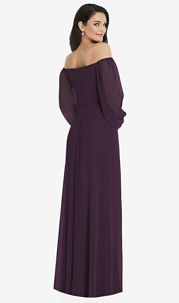 Back View - Aubergine Off-the-Shoulder Puff Sleeve Maxi Dress with Front Slit