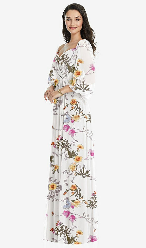 Front View - Butterfly Botanica Ivory Off-the-Shoulder Puff Sleeve Maxi Dress with Front Slit