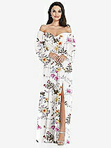 Side View Thumbnail - Butterfly Botanica Ivory Off-the-Shoulder Puff Sleeve Maxi Dress with Front Slit
