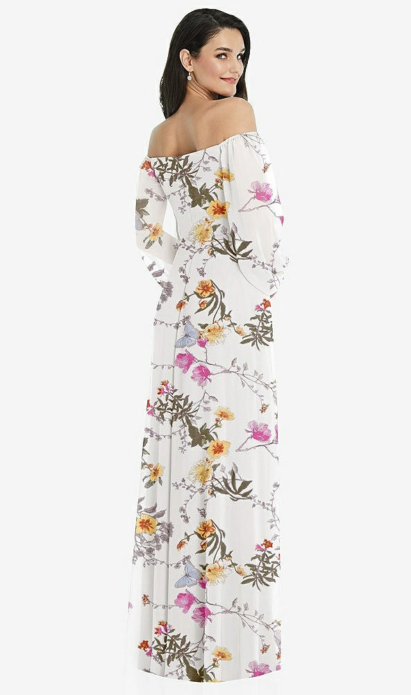 Back View - Butterfly Botanica Ivory Off-the-Shoulder Puff Sleeve Maxi Dress with Front Slit