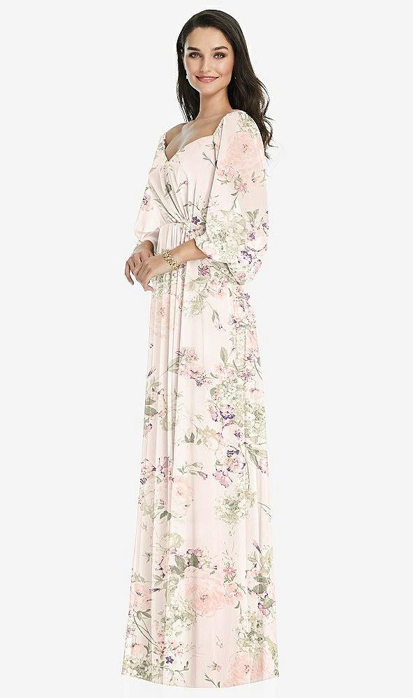 Front View - Blush Garden Off-the-Shoulder Puff Sleeve Maxi Dress with Front Slit