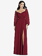 Alt View 1 Thumbnail - Burgundy Off-the-Shoulder Puff Sleeve Maxi Dress with Front Slit