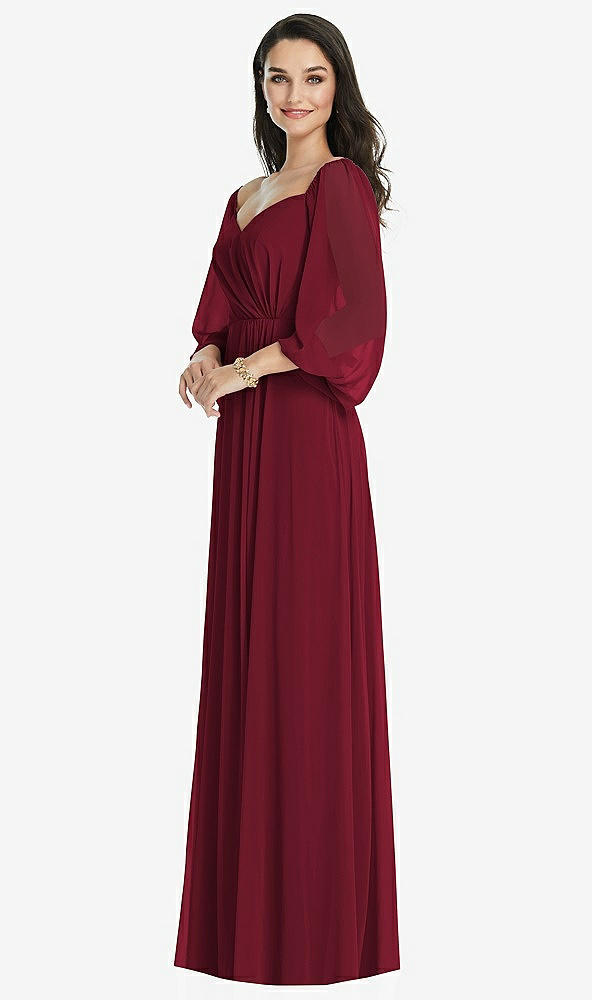 Front View - Burgundy Off-the-Shoulder Puff Sleeve Maxi Dress with Front Slit