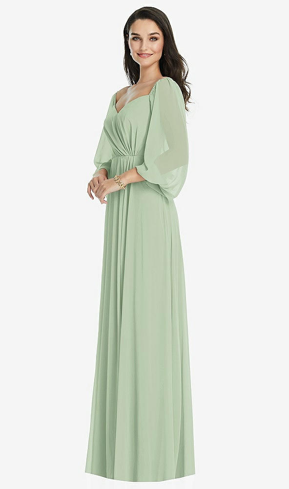 Front View - Celadon Off-the-Shoulder Puff Sleeve Maxi Dress with Front Slit