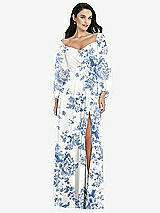Alt View 1 Thumbnail - Cottage Rose Dusk Blue Off-the-Shoulder Puff Sleeve Maxi Dress with Front Slit