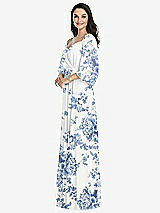 Front View Thumbnail - Cottage Rose Dusk Blue Off-the-Shoulder Puff Sleeve Maxi Dress with Front Slit
