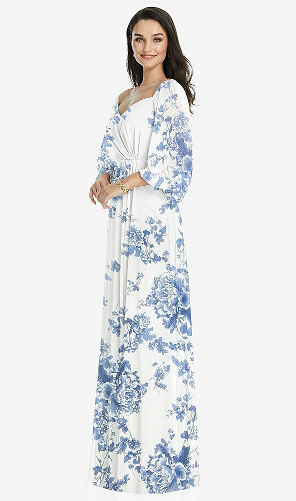 Front View - Cottage Rose Dusk Blue Off-the-Shoulder Puff Sleeve Maxi Dress with Front Slit