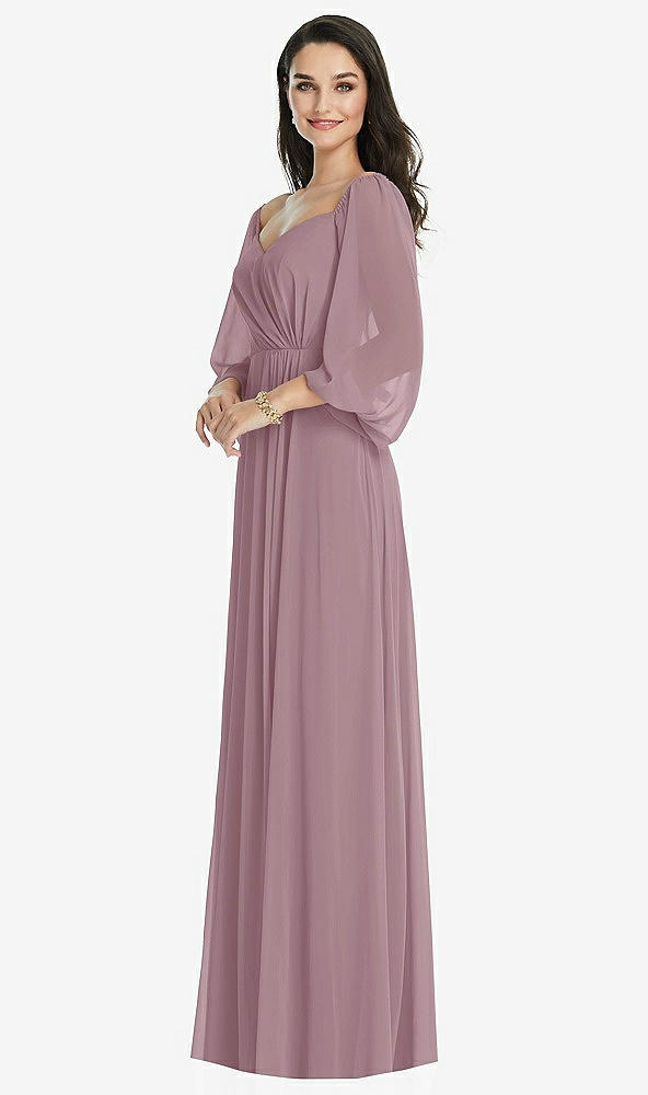 Front View - Dusty Rose Off-the-Shoulder Puff Sleeve Maxi Dress with Front Slit