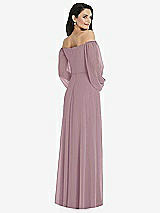 Rear View Thumbnail - Dusty Rose Off-the-Shoulder Puff Sleeve Maxi Dress with Front Slit