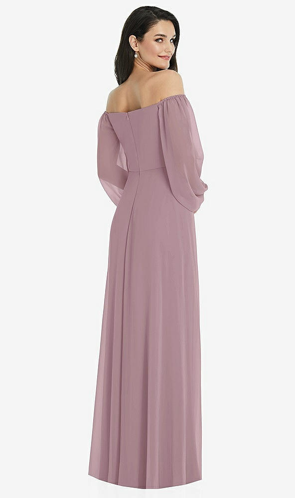 Back View - Dusty Rose Off-the-Shoulder Puff Sleeve Maxi Dress with Front Slit