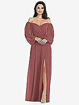 Side View Thumbnail - English Rose Off-the-Shoulder Puff Sleeve Maxi Dress with Front Slit