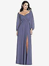 Alt View 1 Thumbnail - French Blue Off-the-Shoulder Puff Sleeve Maxi Dress with Front Slit