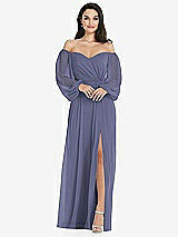 Side View Thumbnail - French Blue Off-the-Shoulder Puff Sleeve Maxi Dress with Front Slit