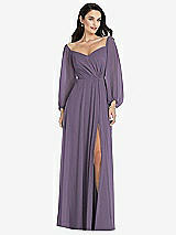 Alt View 1 Thumbnail - Lavender Off-the-Shoulder Puff Sleeve Maxi Dress with Front Slit