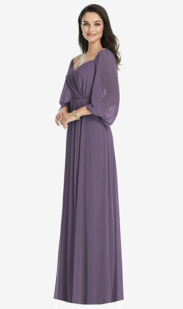 Front View - Lavender Off-the-Shoulder Puff Sleeve Maxi Dress with Front Slit