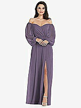 Side View Thumbnail - Lavender Off-the-Shoulder Puff Sleeve Maxi Dress with Front Slit