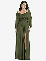 Alt View 1 Thumbnail - Olive Green Off-the-Shoulder Puff Sleeve Maxi Dress with Front Slit