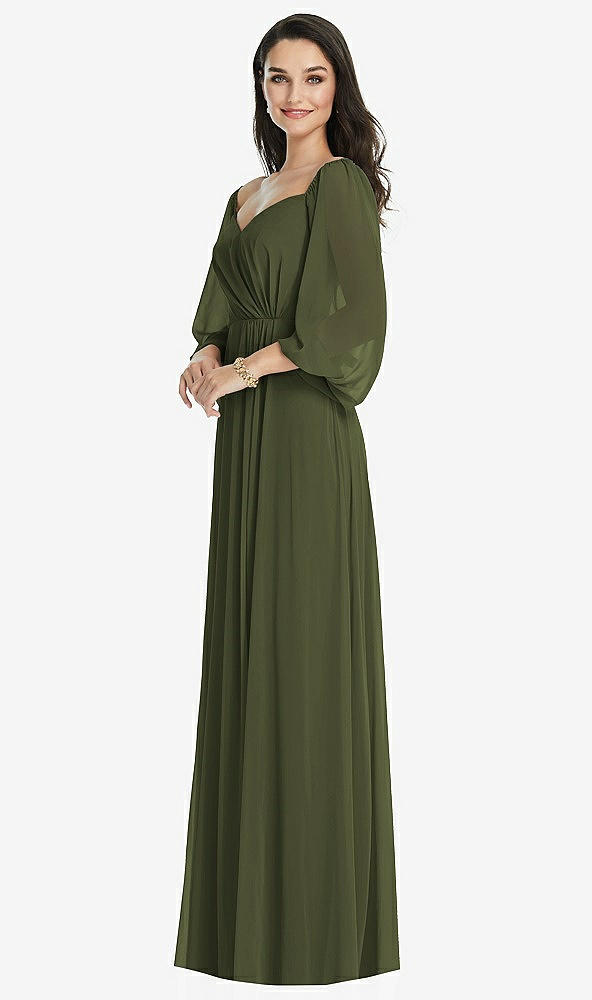 Front View - Olive Green Off-the-Shoulder Puff Sleeve Maxi Dress with Front Slit