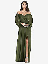 Side View Thumbnail - Olive Green Off-the-Shoulder Puff Sleeve Maxi Dress with Front Slit