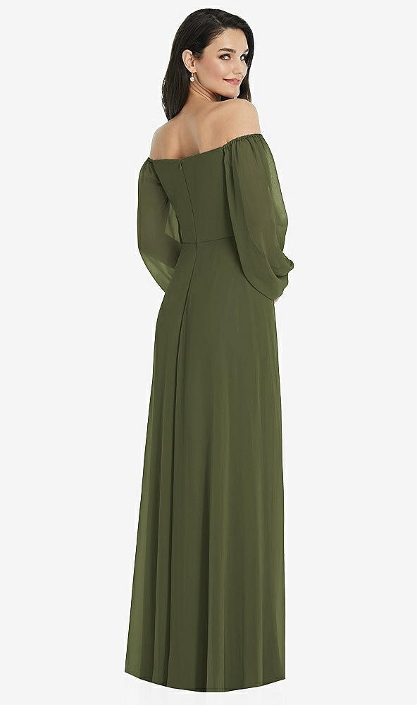 Back View - Olive Green Off-the-Shoulder Puff Sleeve Maxi Dress with Front Slit